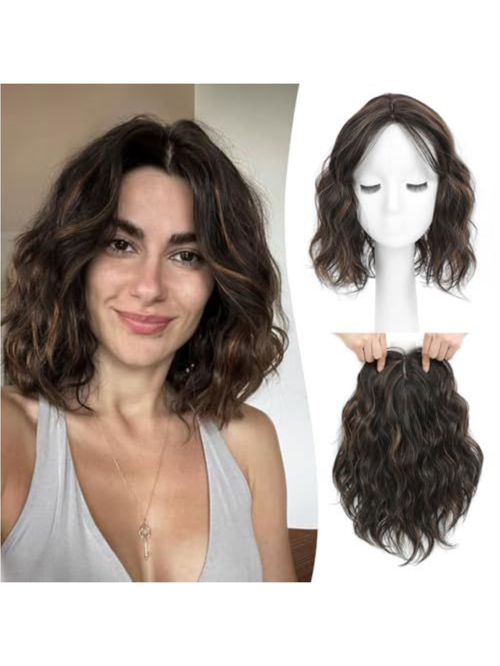 Wavy curly dark brown with highlights hair topper